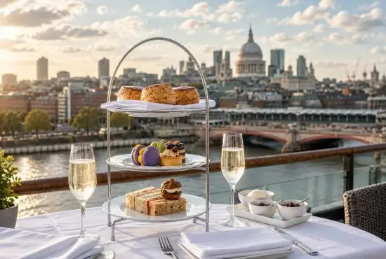 Afternoon tea stand with champagne and view of St Paul's